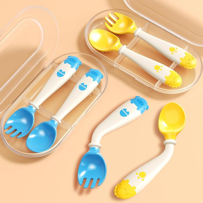 Deejoy Toddler Utensils with Travel Safe Case, Silicone Baby Spoons and Fork Set for Self Feeding, Toddlers Feeding Training Spoon, Easy Grip Heat-Resistant, Bendable Function (2 Sets, Yellow+Blue) - Image 1
